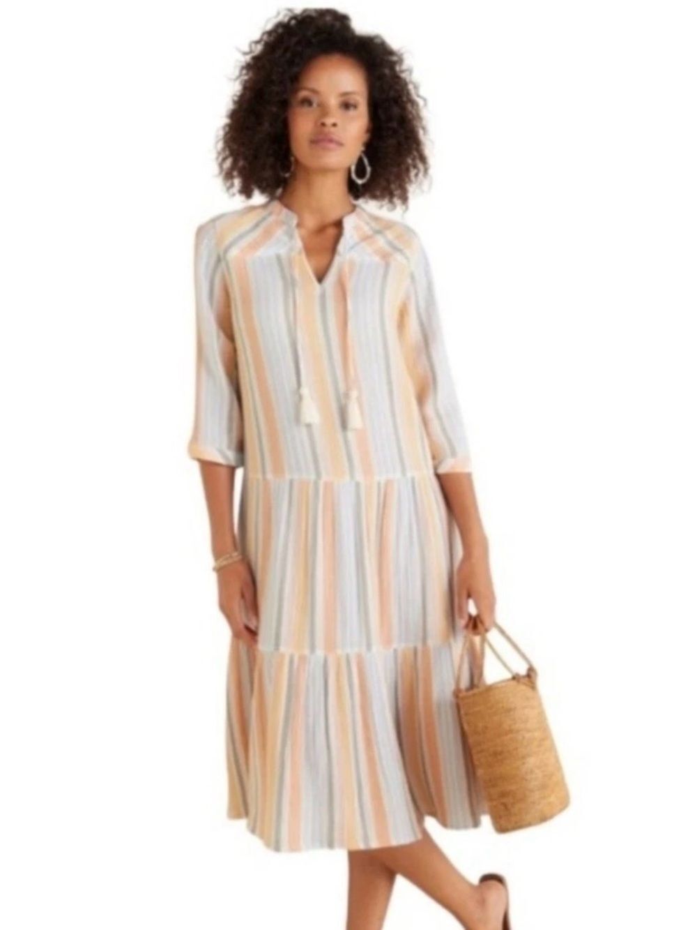 Soft Surroundings XL Laguna Gauze Dress Striped Tiered Midi Multicolor Cotton